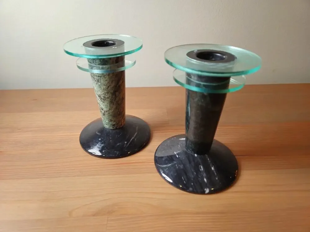 2 Milano Series Memphis Style 1980s Green-Black Marble Candle Holder Pair